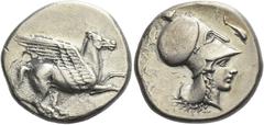 Greek Coins Corinthia, Corinth Stater circa 400-375, AR 22 mm, 8.33 g. Pegasus flying r.; below, [koppa]. Rev. Head of Athena r., wearing Corinthian helmet; in r. field, dolphin. Ravel 918. Calciati, 