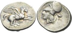 Greek Coins Corinthia, Corinth Stater circa 375-300, AR 23 mm, 8.27 g. Pegasus flying r.; below, koppa. Rev. Head of Athena l., wearing Corinthian helmet; in r. field, E and poppy. Ravel 984. Calciati