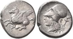 Greek Coins Corinthia, Corinth Stater circa 375-300, AR 22 mm, 8.45 g. Pegasus flying l.; below, koppa. Rev. Head of Athena l., wearing Corinthian helmet; in r. field, E and torch. Ravel 995. BCD Kori