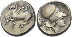 Greek Coins Corinthia, Corinth Stater circa 375-300, AR 20 mm, 8.62 g. Pegasus flying l.; below, koppa. Rev. Head of Athena r., wearing Corinthian helmet; in l. field, N and head of cockerel r. Ravel 