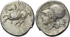 Greek Coins Corinthia, Corinth Stater circa 375-300, AR 21 mm, 8.56 g. Pegasus flying l.; below, koppa. Rev. Head of Athena l., wearing Corinthian helmet decorated with wreath; in r. field, plough. Be