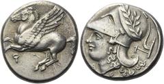 Greek Coins Corinthia, Corinth Stater circa 375-300, AR 21 mm, 8.59 g. Pegasus flying l.; below, koppa. Rev. Head of Athena l., wearing Corinthian helmet decorated with wreath; in r. field, plough. Be
