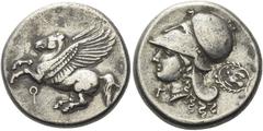 Greek Coins Corinthia, Corinth Stater circa 375-300, AR 21 mm, 8.49 g. Pegasus flying l.; below, koppa. Rev. Head of Athena l., wearing Corinthian helmet decorated; in r. field, dove within wreath and