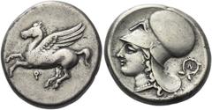 Greek Coins Corinthia, Corinth Stater circa 375-300, AR 20 mm, 8.49 g. Pegasus flying l.; below, koppa. Rev. Head of Athena l., wearing Corinthian helmet decorated; in r. field, N within wreath of gra
