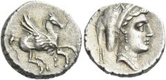 Greek Coins Corinthia, Corinth Drachm circa 350, AR 15 mm, 2.59 g. Pegasus flying r.; below, koppa. Rev. Head of Aphrodite r.; wearing sakkos. Winterthur 2098. SNG Lockett 2193 (these dies). BCD Korin