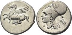 Greek Coins Corinthia, Corinth Stater circa 345-307, AR 22 mm, 8.41 g. Pegasus flying l.; below, koppa. Rev. Head of Athena l., wearing necklace and Corinthian helmet decorated with wreath; in r. fiel