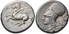 Greek Coins Corinthia, Corinth Stater circa 345-307, AR 20 mm, 8.58 g. Pegasus flying l.; below, koppa. Rev. Head of Athena l., wearing necklace and Corinthian helmet with bowl decorated with olive wr
