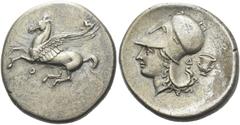 Greek Coins Corinthia, Corinth Stater circa 345-307, AR 23 mm, 8.20 g. Pegasus flying l.; below, koppa. Rev. Head of Athena l., wearing necklace and Corinthian helmet; behind, Δ and crater. Calciati, 
