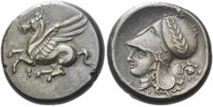 Greek Coins Corinthia, Corinth Stater circa 345-307, AR 20 mm, 8.57 g. Pegasus flying l.; below, koppa. Rev. Head of Athena l., wearing necklace and Corinthian helmet with bowl decorated with olive wr
