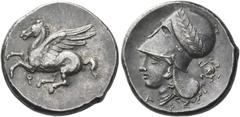 Greek Coins Corinthia, Corinth Stater circa 345-307, AR 21 mm, 8.26 g. Pegasus flying l.; below, koppa. Rev. Head of Athena l., wearing necklace and Corinthian helmet with bowl decorated with olive wr