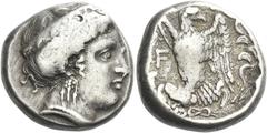 Greek Coins Elis, Olympia Stater circa 363-323, AR 21 mm, 12.23 g. Head of Hera r., wearing stephane, earring and necklace. Rev. F Eagle standing l., open wing on stag’s head; around olive wreath. Sel