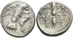 Greek Coins Elis, Olympia Drachm circa 244-208, 134-143 Olympiad, AR 18 mm, 4.56 g. Eagle flying r., holding hare running hare with his talons. Rev. F – A / A – P Winged thunderbolt. BCD Olympia 257. 