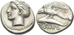Greek Coins Sinope Drachm circa 415-365, AR 19 mm, 5.98 g. Head of nymph l., hair caught up in saccos. Rev. ΣINΩ Eagle, with spread wings, standing l. on dolphin; above, ΠOΣI all within shallow incuse