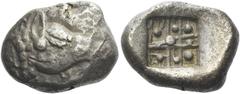 Greek Coins Lycia, Uncertain dynast Stater circa 520-480, AR 19 mm, 9.10 g. Boar’s head r. Rev. Striation and nine pellets within incuse square. Müseler –, cf. 1, 7 and 1, 13 (1/3). cf. Rosen 682. cf.