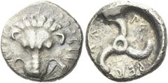 Greek Coins Pericles, circa 380 – 360 Triobol circa 380-360, AR 16 mm, 3.14 g, Facing lion’s head. Rev. perikles in Lycian characters trisceles within incuse area. SNG von Aulock 4254 (these dies). Mi
