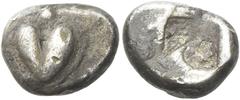 Greek Coins Cyrenaica, Cyrene Hemidrachm circa 500-480, AR 12 mm, 2.01 g. Silphium fruit. Rev. Incuse square. BMC pl. II, 12-13. SNG Copenhagen –. Old cabinet tone and very fine From a Swiss collectio