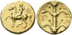 Greek Coins Cyrenaica, Cyrene Tetrobol circa 308-305, AV 13 mm, 2.80 g. Rider on horseback prancing l.; above, star. Rev. [K]Y – PA Silphium plant, monogram in l. field. Traité 1857 and pl. CCLXV, 19 