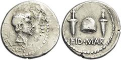 The Roman Republic M. Iunius Brutus with L. Plaetorius Caestianus. Plated denarius, Northern Greece circa 43-42, AR 3.51 g. [BRVTVS IMP L·PLAET ·CEST] Bare head of Brutus r. Rev. EID·MAR Pileus betwee