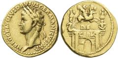 The Roman Empire In the name of Nero Claudius Drusus, father of Germanicus Aureus 41-45, AV 19 mm, 7.65 g. NERO CLAVDIVS DRVSVS GERMANICVS IMP Laureate head l. Rev. Triumphal arch surmounted by equest