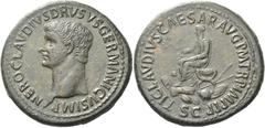The Roman Empire In the name of Nero Claudius Drusus, father of Germanicus Sestertius circa 50-54, Æ 37 mm, 28.35 g. NERO CLAVDIVS DRVSVS GERMANICVS IMP Bare head l. Rev. TI CLAVDIVS CAESAR AVG P M TR