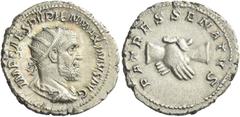 The Roman Empire Pupienus, 22 April – 29 July 238 Antoninianus 238, AR 23 mm, 5.30 g. IMP CAES PVPIEN MAXIMVS AVG Radiate, draped and cuirassed bust r. Rev. PATRES SENATVS Two clasped hands. C 21. BMC