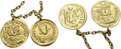 The Byzantine Empire Justinian I, 527 – 565 Two Byzantine Solidi set in mounts in a Contemporary Chain Necklace AV 16.71 g.. Including a solidus of Justinian I and one of Constantine V with Leo IV. a)