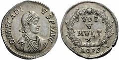 The S.C. Markoff Collection of Roman Coins The Roman Empire Arcadius, 383 – 408 Medallion of 3 light miliarenses, Aquileia January 387, AR 13.49 g. D N ARCADI – VS P F AVG Pearl- diademed, draped and 