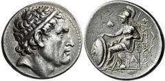 The Seleucid kings. Antiocus I Soter, 281 – 261 Tetradrachm, in the name of Philetaerus, Pergamum circa 268-261, AR 27 mm, 17.18 g. Diademed head of deified Seleucus I r. Rev. ΦΙΛΕΤΑΙΡΟΥ Athena seated