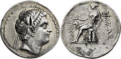 Antiochus III 'the Great', 223 – 187 Tetradrachm, Phocaea circa 200, AR 31 mm, 16.50 g. Diademed head of Antiochus III r. Rev. BAΣIΛEΩΣ – [A]N – TIOΧOY Apollo seated l. on omphalos, testing arrow in r