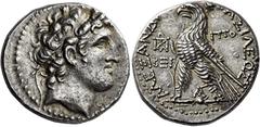 Alexander I Balas, 152 – 145 Tetradrachm, Ake-Ptolemaïs 151-150 (year 162), AR 26 mm, 14.18 g. Diademed head of Alexander I r. Dotted border. Rev. [BA]ΣIΛEΩΣ – AΛEΞANΔ[ΡOΥ] Eagle, with closed wings st