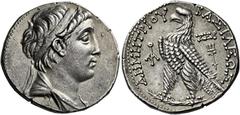 Demetrius II Nicator, first reign, 146 – 138 Tetradrachm, Berythus 146-145 (year 167), AR 27 mm, 13.99 g. Diademed and draped bust of Demetrius II r. Dotted border. Rev. BAΣIΛEΩΣ – ΔHMHTPIOY Eagle, wi