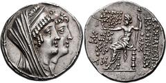 Cleopatra Thea and Antiochus VIII, 125 – 121 Tetradrachm, Ake-Ptolemaïs circa 125, AR 32 mm, 16.72 g. Jugate busts r. of Cleopatra Thea, diademed, veiled and wearing stephane, and Antiochus VIII, diad
