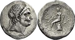 Kings of Persia. Darieios usurper, circa 150 – 145 Tetradrachm, Ecbatana circa 150-145, AR 28 mm, 16.43 g. Diademed head of Darieios r., with the features of Demetrius I. Fillet border. Rev. BAΣIΛEΩΣ 