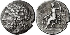 Greek Coins Locri Epizephyrii. Tetradrachm, under Pyrrhus circa 278-276, AR 29 mm, 16.21 g. Head of Zeus Naios of Dodona l., wearing oak-wreath; below neck truncation, [A]. Rev. ΒΑΣΙΛΕΩΣ – ΠΥΡΡΟΥ Dion
