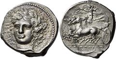 Greek Coins Catana Tetradrachm signed by Herakleidas circa 405-402, AR 27 mm, 16.99 g . Laureate head of Apollo, facing three-quarters l., his hair falling in loose curls around the face; in field to 