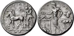 Greek Coins Selinus Tetradrachm circa 440, AR 29 mm, 17.34 g. ΣΕΛ – ΙΝ – ΟΝΤ – ΙΟΣ Slow quadriga l. in which stand Apollo and Artemis, respectively shooting arrow and holding reins. Rev. ΣΕΛ – Ι – NΟ 
