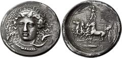 Greek Coins Syracuse Tetradrachm signed by Kimon, circa 405-400, AR 31 mm, 17.05 g. APE[OOΣA] Head of nymph Arethusa facing, slightly l., wearing two necklaces; her hair flows on soft waves around her
