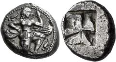 Greek Coins Uncertain mint Didrachm circa 530-520, AR 20 mm, 8.34 g. Winged demon running r.; in upper l. and in lower r. field, flowers. Dotted border. Rev. Quadripartite incuse square. Svoronos Héll