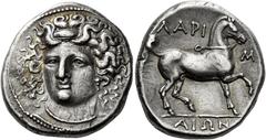 Greek Coins Thessaly, Larissa Didrachm 350-300, AR 24 mm, 12.28 g . Head of the nymph Larissa facing three-quarters l., wearing ampyx, earring and necklace. Rev. ΛAPI – Σ / AIΩN Bridled horse advancin