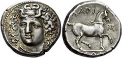 Greek Coins Thessaly, Larissa Didrachm 350-300, AR 22 mm, 12.08 g . Head of the nymph Larissa facing three-quarters l., wearing ampyx, earring and necklace. Rev. ΛAPI – Σ / AIΩN Bridled horse advancin