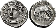 Greek Coins Thessaly, Larissa Drachm mid-late 4th century, AR 19 mm, 6.12 g. Head of nymph Larissa facing three-quarters l. Rev. ΛΑΡΙΣ / ΑΙΩΝ Horse grazing r.; between its legs, plant. Lorber, Hoard, 