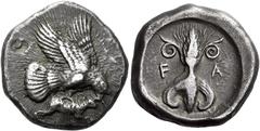 Greek Coins Elis, Olympia Stater circa 450-440 BC, AR 22 mm, 12.18 g. Eagle flying r., grasping snake with its talons and its beak. Rev. F – A Thunderbolt with volutes above and wings below. Seltman 6