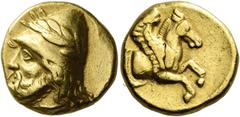 Greek Coins Lampsacus Stater circa 360-340, AV 16 mm, 8.61 g. Head of bearded Kabeiros l., wearing laureate pileus. Rev. Forepart of Pegasus r. Baldwin, Lampsakos 39 and pl. III 25-28 (this obverse di