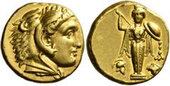 Greek Coins Pergamum Stater circa 334-332, AV 18 mm, 8.57 g. Head of deified Alexander the Great r., wearing lion's skin headdress. Rev. Facing Palladium, wearing calathus on head and holding lance in