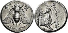 Greek Coins Ionia, Ephesus Tetradrachm, magistrate Antialkidas circa 390-325, AR 25 mm, 15.17 g. E – Φ Bee with curved wings. Rev. Forepart of stag r., head l.; in l. field, palm tree and in r., ANTIA