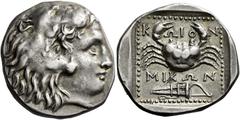 Greek Coins Islands off Caria, Cos Tetradrachm, magistrate Mikon circa 285-260, AR 27 mm, 15.02 g. Head of young Heracles r., wearing lion's skin headdress. Rev. K – ΩIO – N Crab; below, MIKΩN and bow