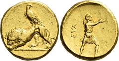 Greek Coins Evagoras II, circa 361 – 351 Stater circa 361-351, AV 17 mm, 8.20 g. Lion standing l., devouring prey; eagle on its back. Rev. EYA Artemis (or Apollo ?) standing r., wearing short chiton a