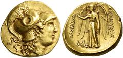 Greek Coins Seleucid kings. Seleucus I Nicator, 312 – 281 Distater, uncertain mint in Cappadocia, eastern Syria, or northern Mesopotamia circa 305-281, AV 22 mm, 17.16 g. Head of Athena r., wearing tr