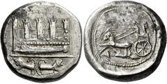 Greek Coins Sidon temp. Ba`alšillem (Sakton) I-Ba'ana. Dishekel, contemporary (Philistian?) imitation, circa 425-401, AR 31 mm, 27.08 g. Phoenician galley l. before city wall with five towers; in exer