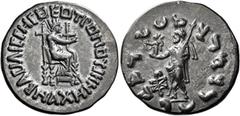 Greek Coins Maues, with Queen Machene, circa 125 – 85 Tetradrachm, Taxila Sirkap circa 125-85, AR 27 mm, 8.91 g. BACIΛICCHC ΘEOTPOΠOY MAXHNHC Tyche, wearing mural crown, enthroned r., feet on footstoo